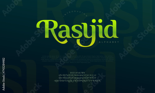 Rasyid premium luxury romadhon alphabet letters and numbers. Elegant wedding typography islamic ramadan serif font decorative vintage retro. Creative vector illustration photo