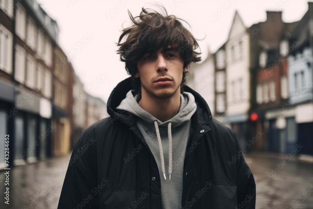 Portrait of a handsome young man with trendy hairstyle in a urban setting Portrait of a handsome young man with trendy hairstyle in a urban setting