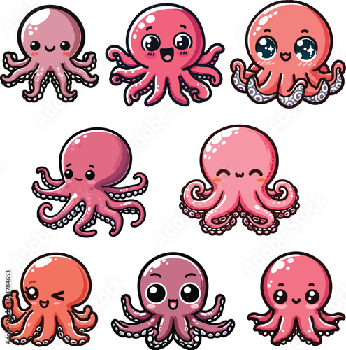 set collection cute mascot cartoon chibi octopus