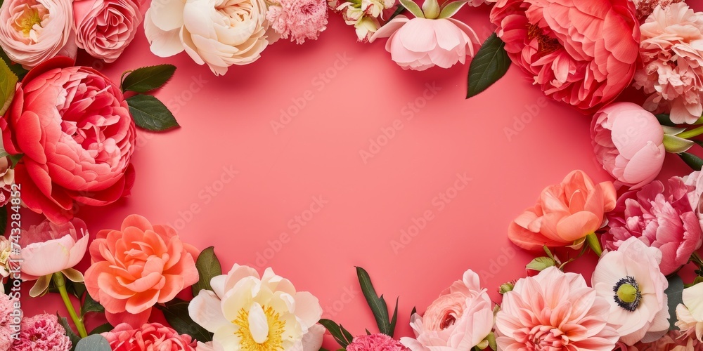 roses, peonies and ranunculuses frame on a pastel red background, celebration