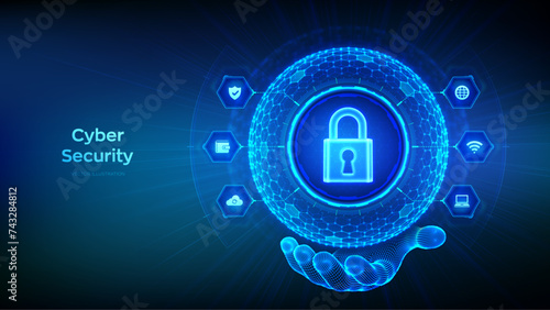 Cyber security. Information protect and or safe concept. Abstract 3D sphere or globe with surface of hexagons with Lock icon in wireframe hand. Cyber security or network security. Vector illustration.