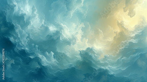 Closeup of a finely textured paint surface resembling delicate brush strokes and wispy clouds. Soft shades of blue green and yellow blend together seamlessly a reflection photo