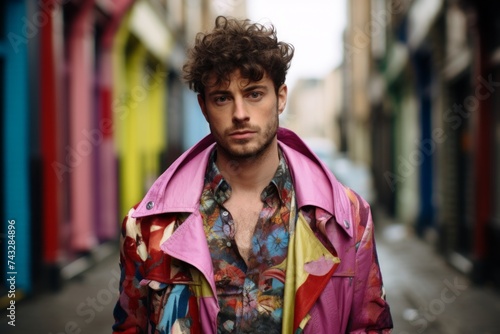 Portrait of a handsome young man with curly hair in a colorful jacket