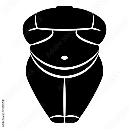 Headless female torso from Cukurdent, Turkey. Neolithic female figurine. Fertility goddess. Black and white silhouette.