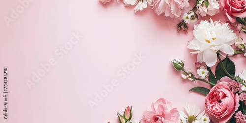 roses, peonies and ranunculuses frame on a pastel pink background, celebration © Hassan