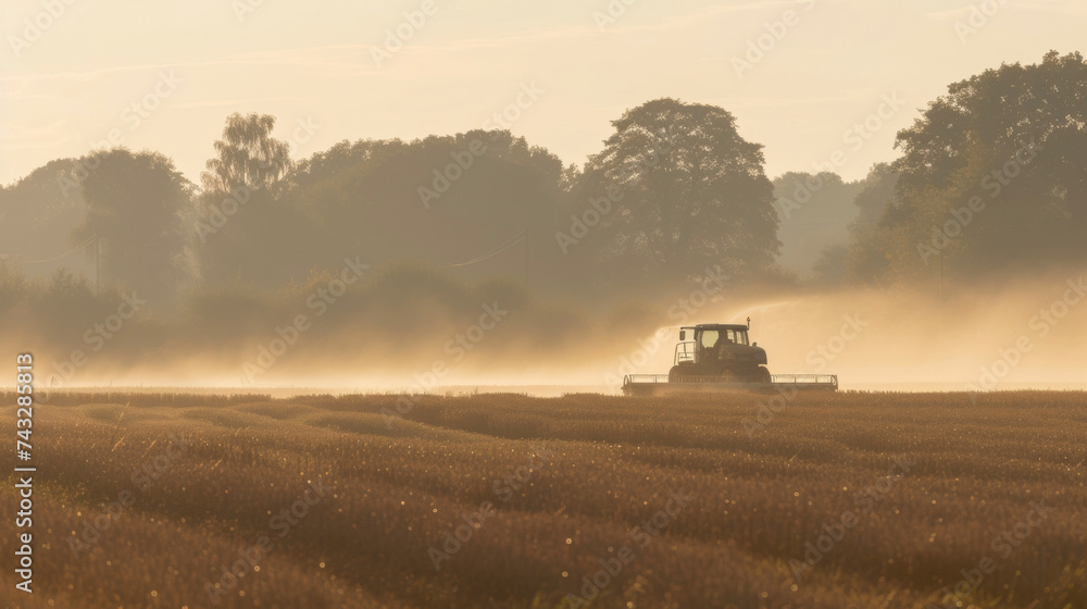 Fototapeta premium The morning mist gently coating the fields adding a soft and dreamy quality to the bustling harvest.