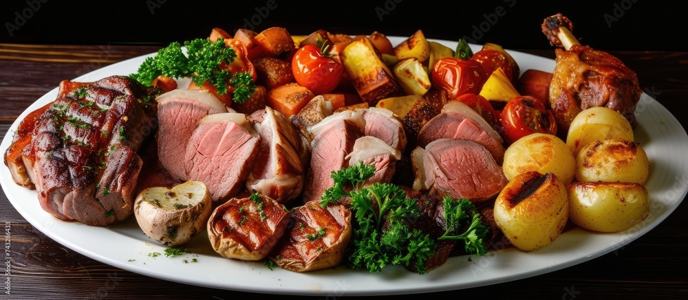 A white plate is filled with mouthwatering roast tender meat and a bountiful array of freshly roasted vegetables. The meat and vegetables are perfectly cooked and ready to be enjoyed. A white plate is filled with mouthwatering roast tender meat and a bountiful array of freshly roasted vegetables. The meat and vegetables are perfectly cooked and ready to be enjoyed.