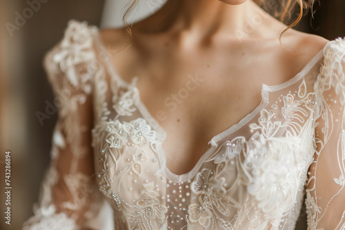 Close-up of a bride wearing an ornate wedding dress with a detailed neckline