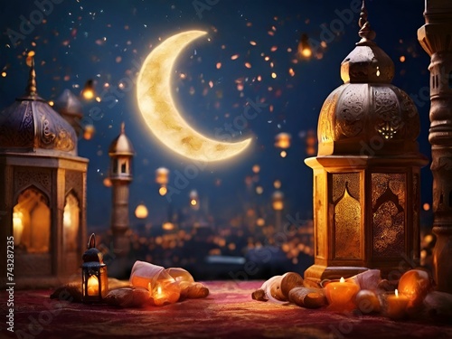 Ramadan Kareem greeting card with lanterns and crescent moon