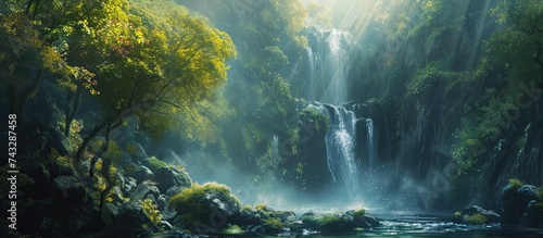 A painting depicting a majestic waterfall in the heart of a lush forest. The rushing water cascades down the rocks surrounded by vibrant green trees and bushes. The scene captures the dynamic power of