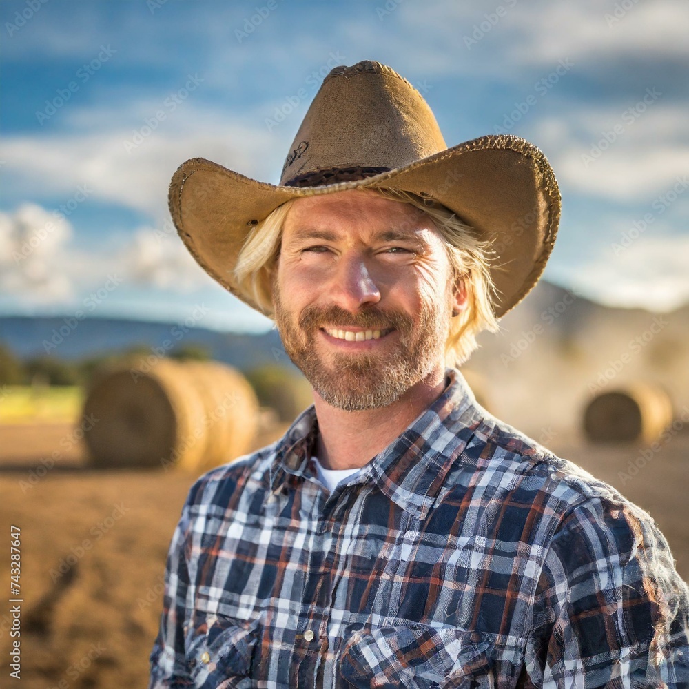 A farmer with a cowboy hat on standing out in the field