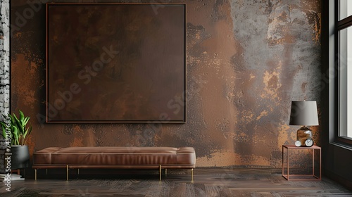 brown canvas art on a wall, wooden frame for the canvas, English modern interior, unsplash, horizontal 16:9, flat, clear view, no shadows photo
