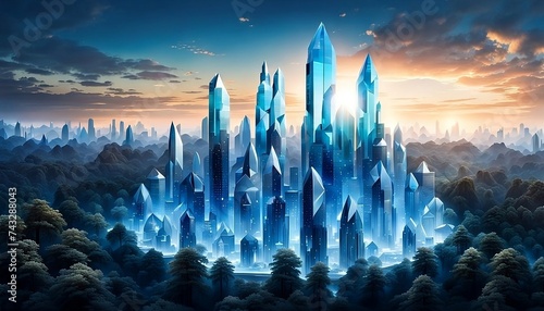 futuristic skyscrapers city made of crystals in the midst colorful forest. Generative AI photo