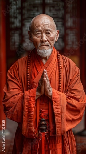 A serene zen master dressed in a vibrant orange robe stands with hands together, his wrinkled face reflecting years of wisdom within the peaceful temple walls