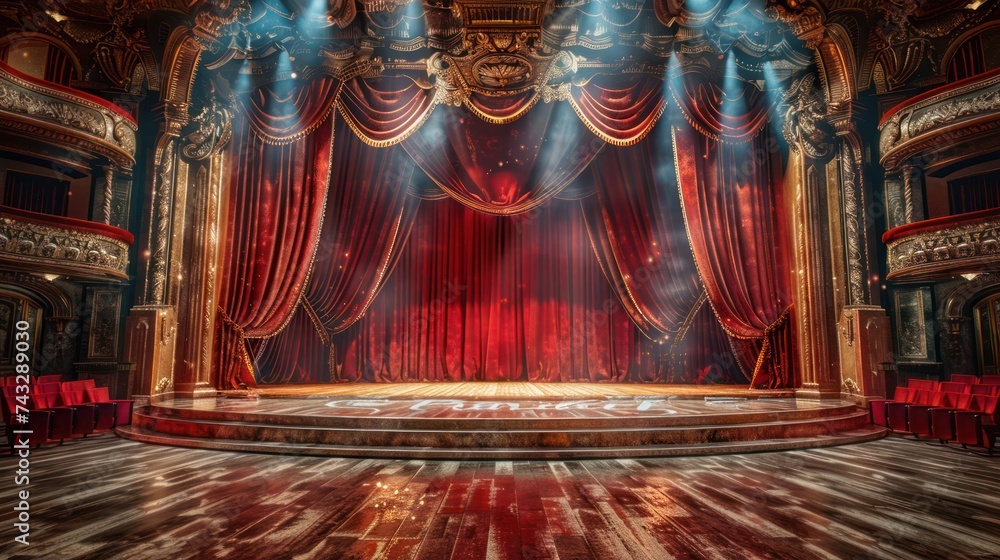 Empty theater stage with red velvet curtains.  - obrazy, fototapety, plakaty 