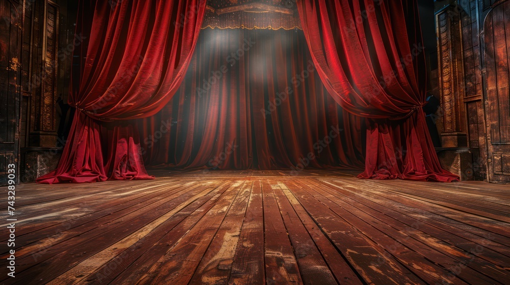 Empty theater stage with red velvet curtains.  - obrazy, fototapety, plakaty 