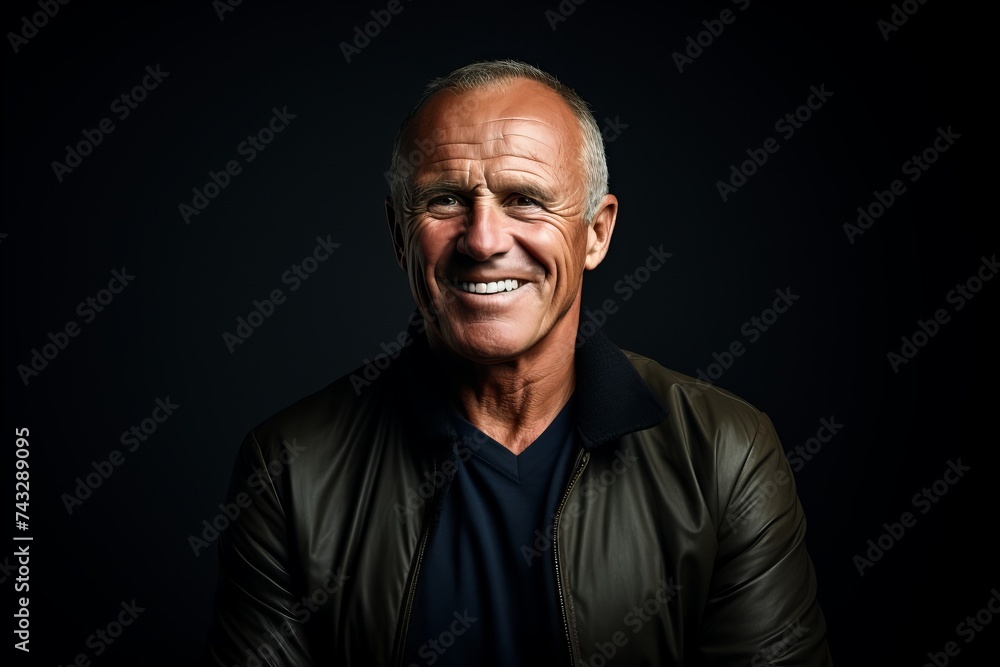 Portrait of a smiling senior man in leather jacket over black background. Portrait of a smiling senior man in leather jacket over black background.