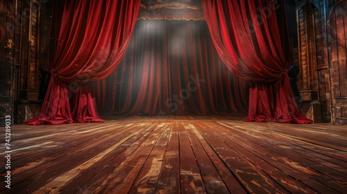 Empty theater stage with red velvet curtains. 
