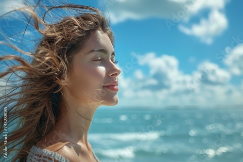 Lost in the moment, a woman basks in the warm summer breeze as the ocean's rhythmic melody lulls her into a peaceful state, her eyes closed and her surfer hair dancing in the wind