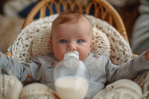 An innocent boy gazes up at the person holding his bottle, content and secure in the comfort of their indoor setting photo