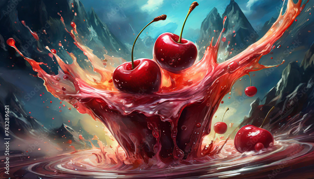 Deser z wiśni, eksplozja czerwonych owoców - obrazy, fototapety, plakaty 