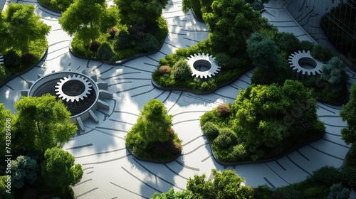  eco-friendly business park, where the landscaping incorporates gear-shaped designs and structures.