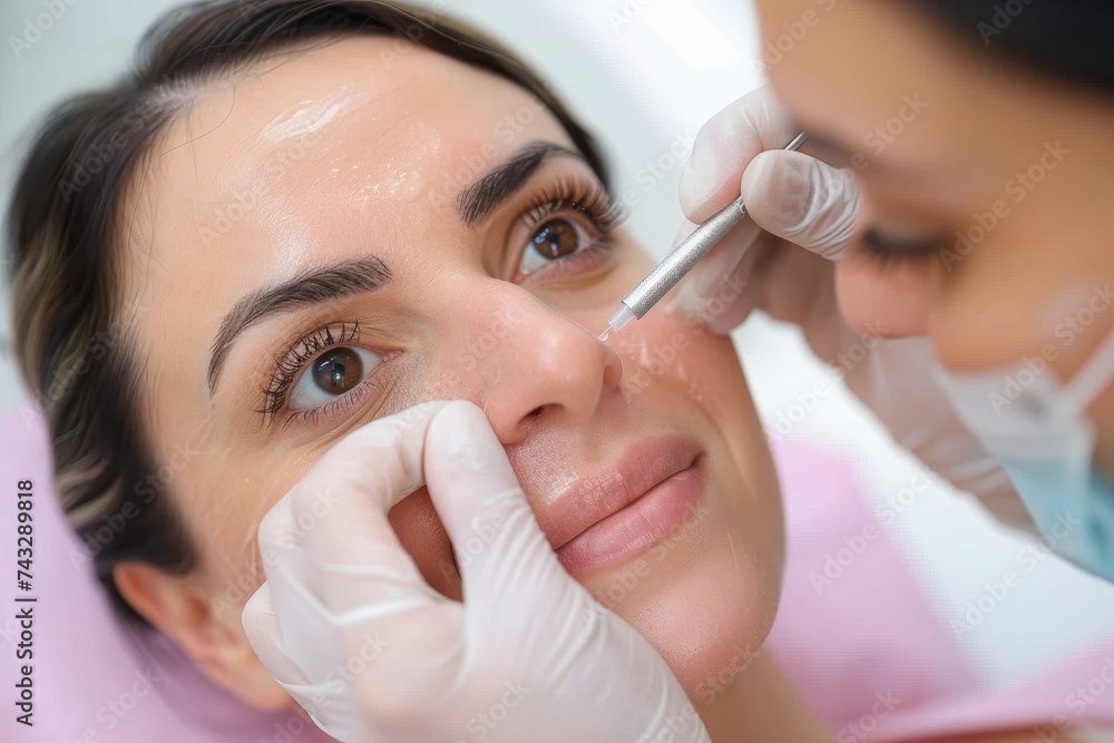 A woman undergoes a cosmetic procedure as delicate fingers carefully inject rejuvenating serum into her human face, surrounded by medical equipment and eyelash-enhancing products, emphasizing the imp A woman undergoes a cosmetic procedure as delicate fingers carefully inject rejuvenating serum into her human face, surrounded by medical equipment and eyelash-enhancing products, emphasizing the imp
