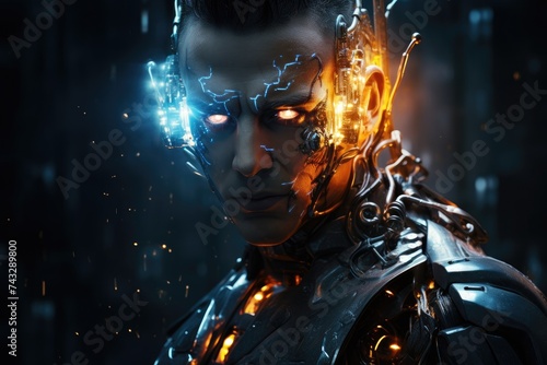 Portrait of a male cyborg in the dark.