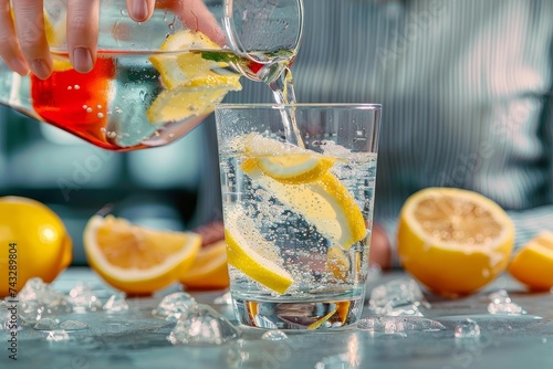 A refreshing fruit cocktail with citrusy notes, featuring a mix of meyer lemon, key lime, and passion fruit, garnished with a vibrant orange slice and served over ice in a sleek drinkware, exuding a 