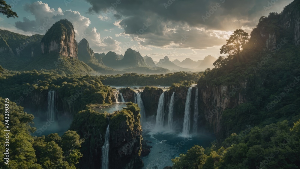 Majestic Waterfalls in Lush Green Forest, Natural Serenity, Generative AI