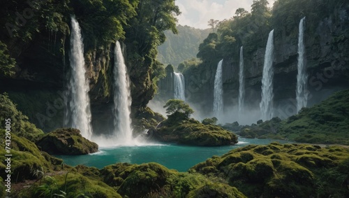 Majestic Waterfalls in Lush Green Forest  Natural Serenity  Generative AI