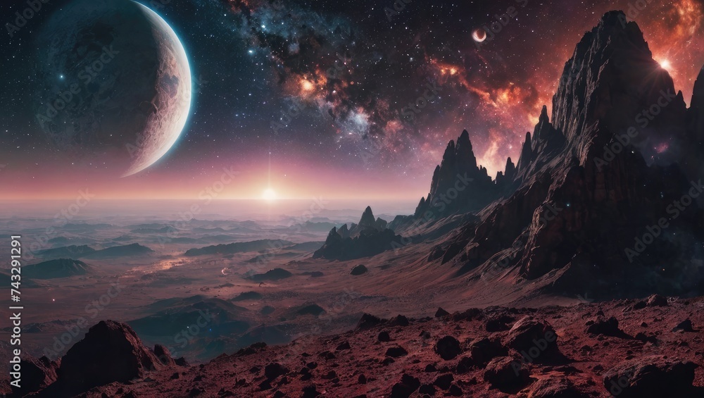 Surreal Alien World with Moons and Nebulas, Sci-Fi Fantasy Landscape, Generative AI