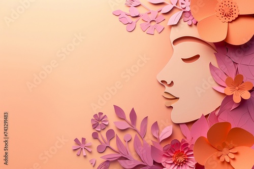 Illustration of face and flowers style paper cut © tigerheart