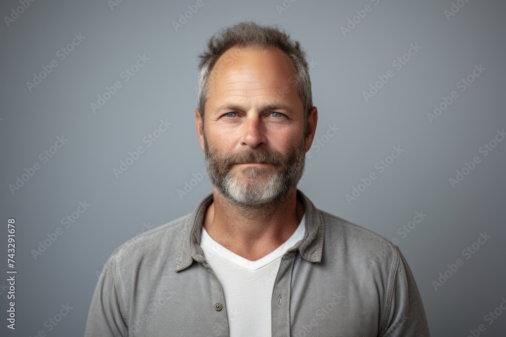 Portrait of a middle-aged man with beard and mustache on grey background Portrait of a middle-aged man with beard and mustache on grey background