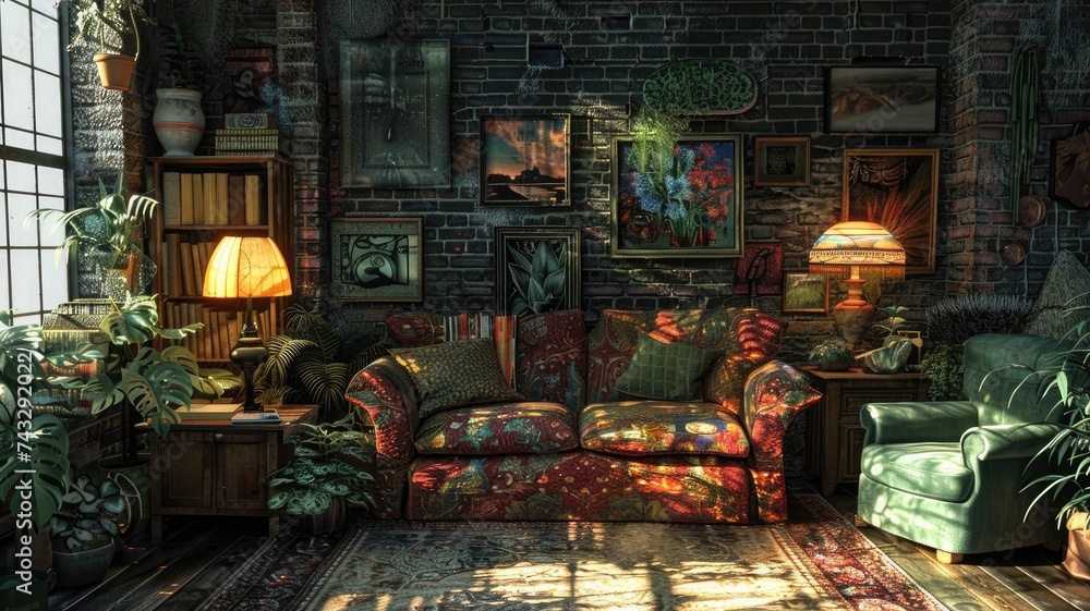 An eclectic living room with a mural-style graffiti wall, mismatched furniture, and a vibrant An eclectic living room with a mural-style graffiti wall, mismatched furniture, and a vibrant