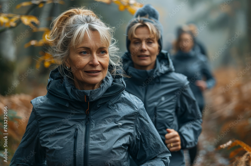A vibrant group of women, their faces illuminated with joy, sprint through the autumn woods in stylish jackets and coats, embracing the crispness of the season A vibrant group of women, their faces illuminated with joy, sprint through the autumn woods in stylish jackets and coats, embracing the crispness of the season