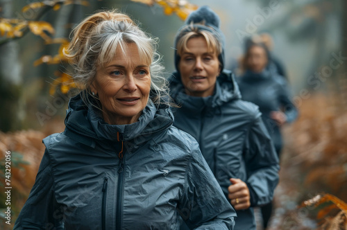 A vibrant group of women, their faces illuminated with joy, sprint through the autumn woods in stylish jackets and coats, embracing the crispness of the season