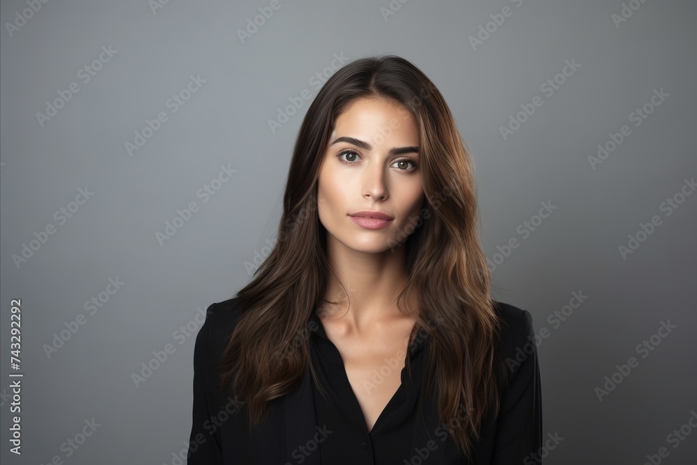 Portrait of beautiful young woman in black dress on grey background. Portrait of beautiful young woman in black dress on grey background.