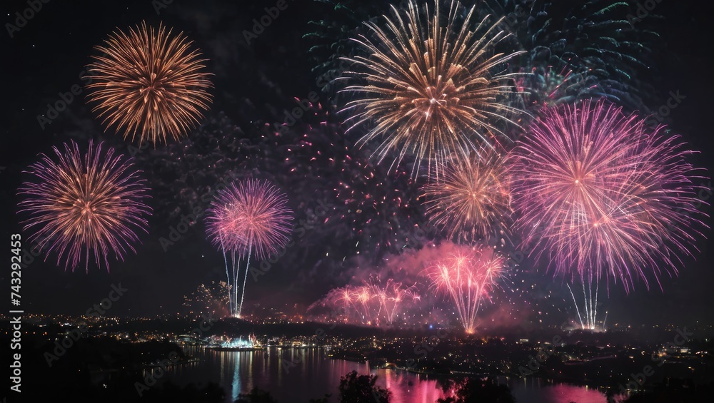 Mesmerizing Fireworks Display Over Lake, Celebratory Night Sky, Generative AI