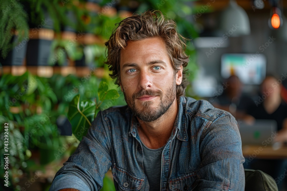 A bearded man smiles contently as he stands amidst the lush greenery, his face and clothing reflecting his rugged yet charming persona