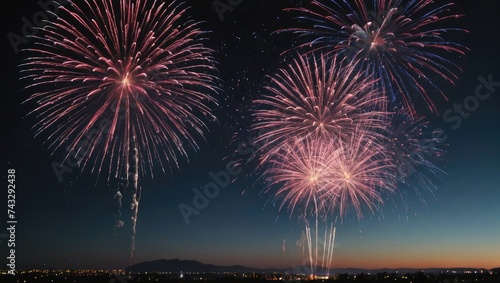 Mesmerizing Fireworks Display Over Lake  Celebratory Night Sky  Generative AI