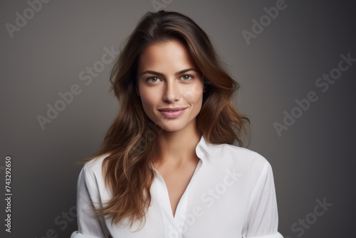 Portrait of a beautiful young woman in white shirt on grey background