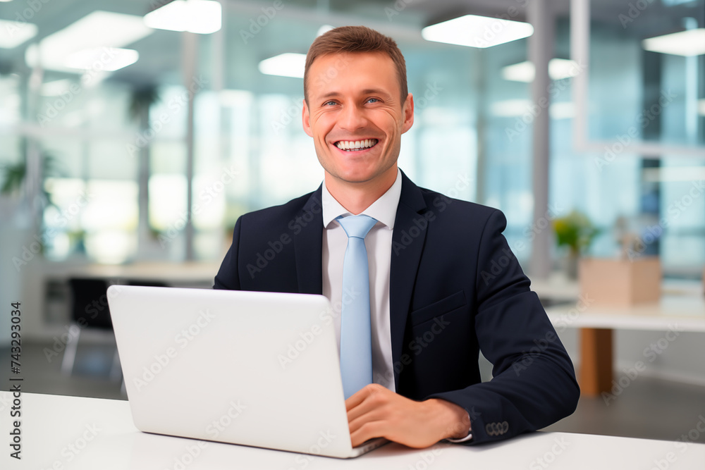 Business manager working in office on laptop Business manager working in office on laptop
