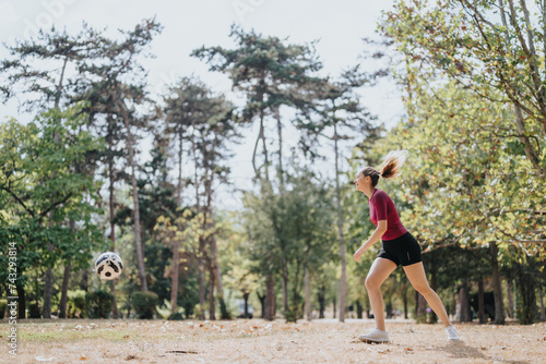 An athletic girl enjoys a sunny day in the park, playing football and performing freestyle tricks. Fit, energetic, and motivated, she showcases her athleticism and enjoys exercising outdoors.