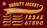 A collection of yellow numbers and swooshes on a maroon background, in the style of chenille fabric varsity letterman jacket patches