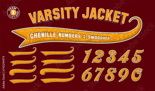 A collection of yellow numbers and swooshes on a maroon background, in the style of chenille fabric varsity letterman jacket patches photo