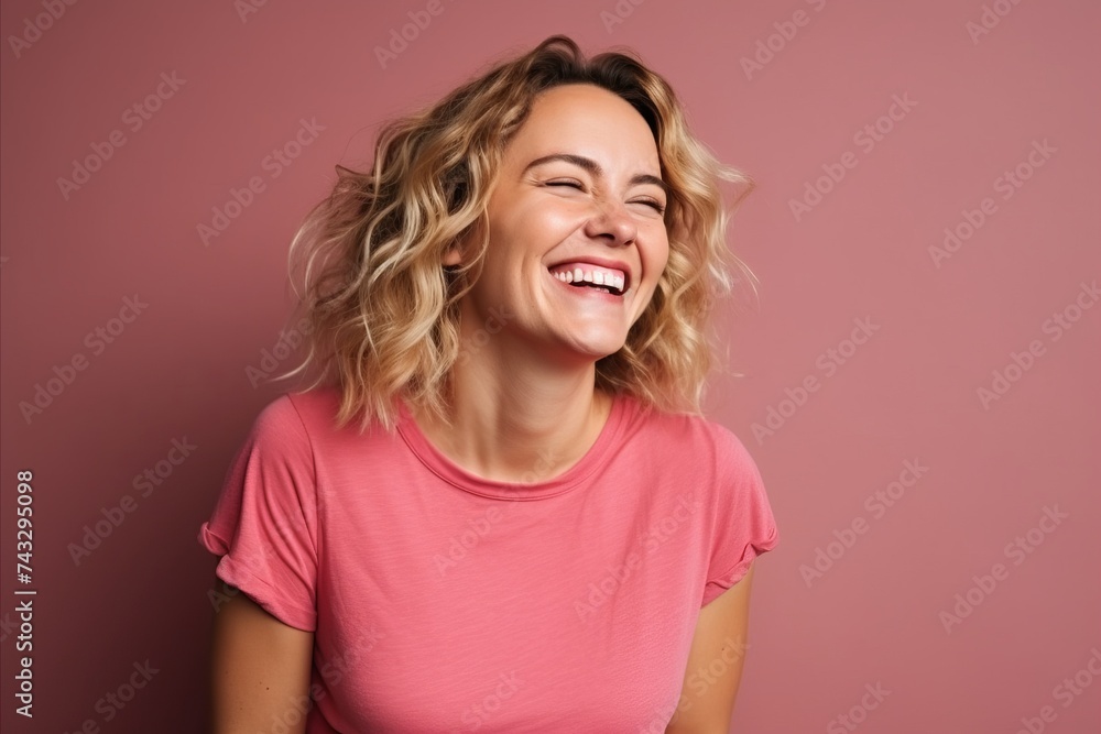 Portrait of a beautiful young woman laughing against a pink background. Portrait of a beautiful young woman laughing against a pink background.