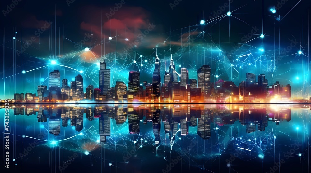 Obraz premium Modern cityscape at night with glowing lights and connection lines, Generative AI illustrations.