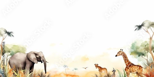 Watercolor background with wild animals in the savannah, Generative AI illustrations.