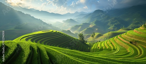 A vast green field stretches out with towering mountains in the distance. The field is dotted with paddy and rice fields, creating a serene and tranquil scene in Asias enchanting landscape. © TheWaterMeloonProjec